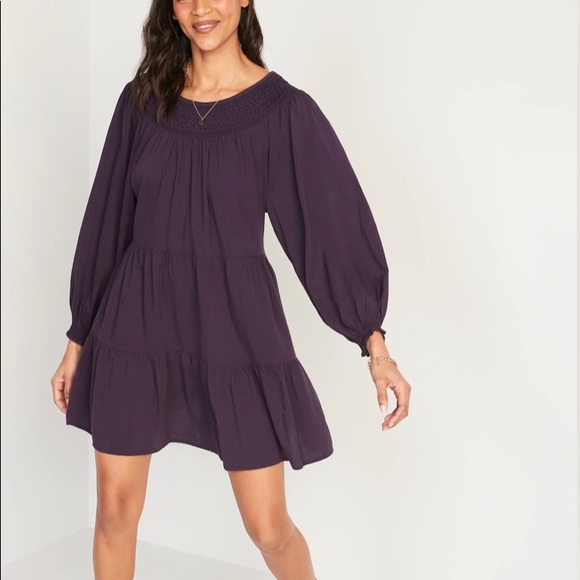 Old Navy | Dresses | Long Sleeve Tiered Smocked Embroidered Mini Swing ...